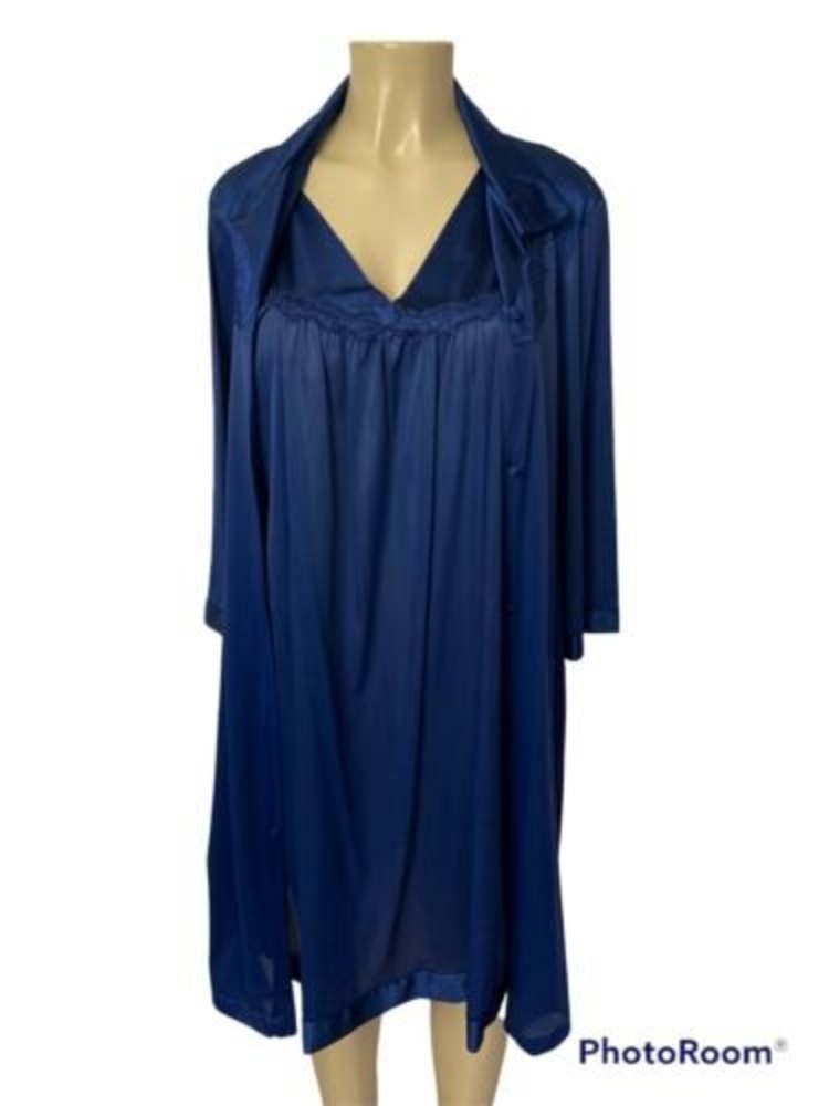 Vanity Fair Made in USA Nightgown Robe Set Size Medium Nylon Sheer Color Navy